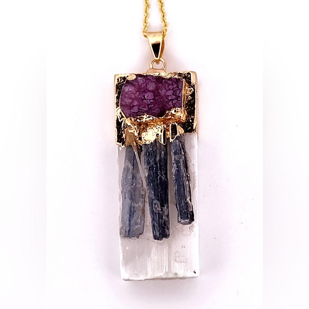 Natural Kyanite, Selenite & Purple Geode Crystal Gold Necklace Nkspugcgn3